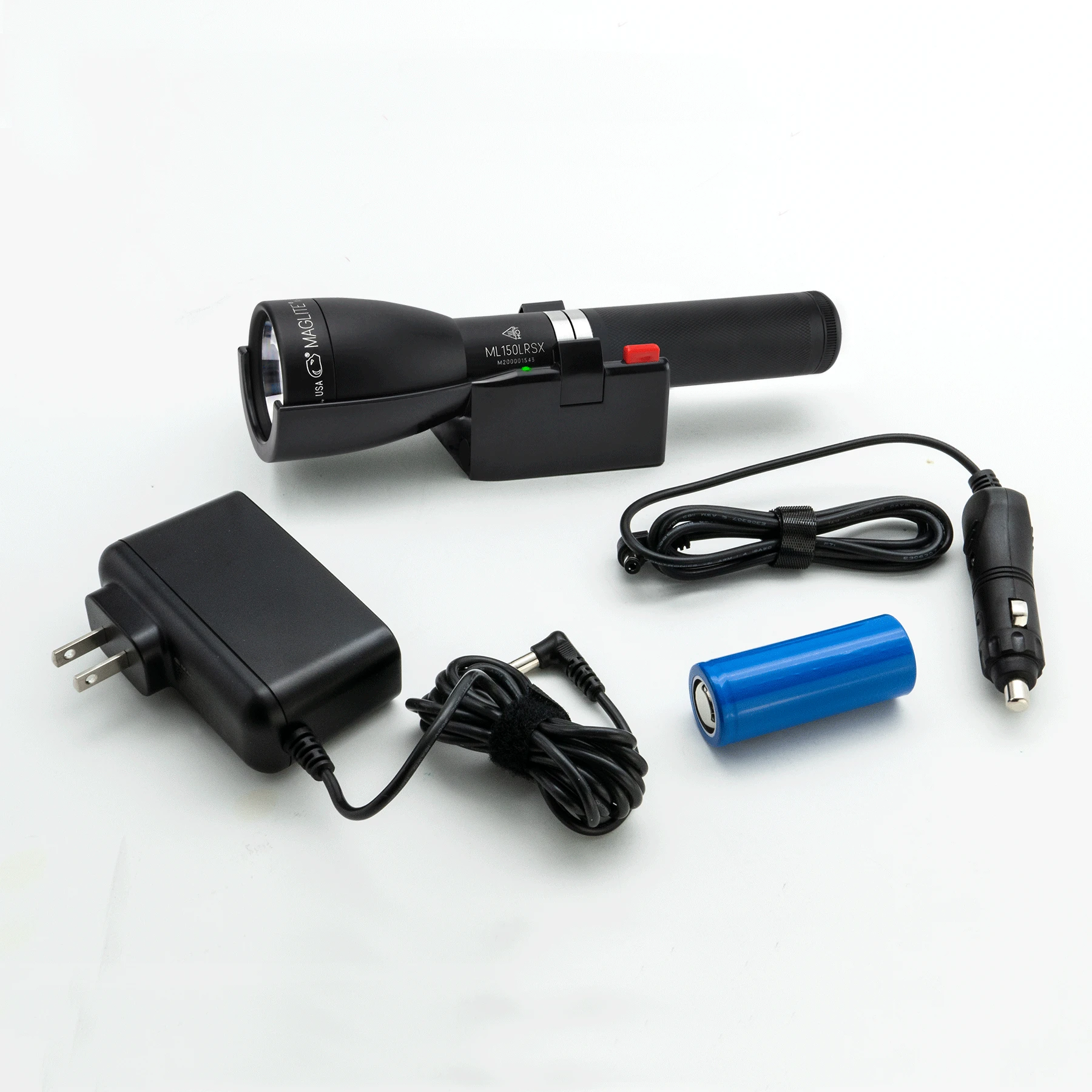 Maglite ML150LRSX flashlight with rechargeable battery, charging cradle, and 12v wire lead components.