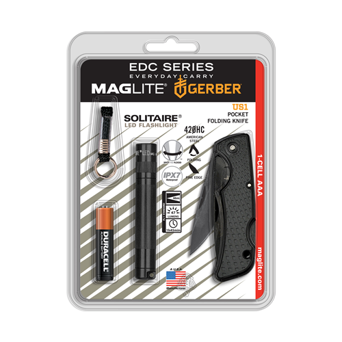 Maglite Solitaire LED flashlight with AAA battery and Gerber US1 pocket folding knife, compact EDC gear in a package.