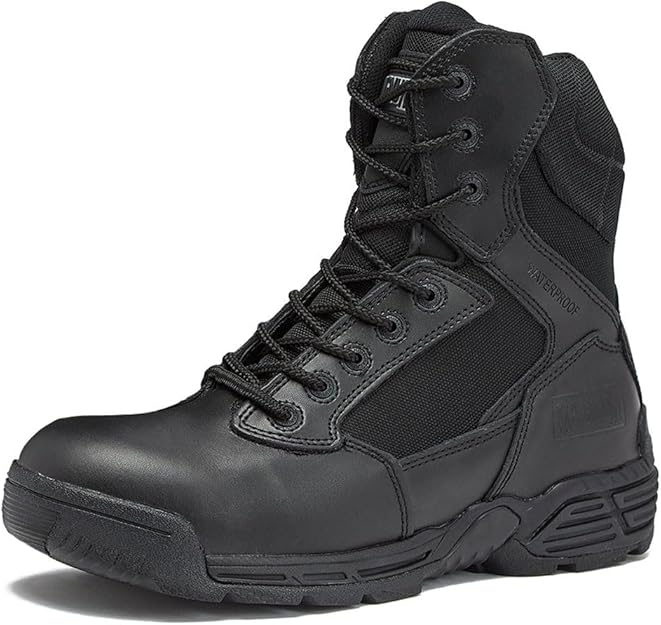 Side angle view of the Magnum Stealth Force 8 inch black waterproof tactical lace-up boot showing nylon mesh panels, lace system, and waterproof label on shaft