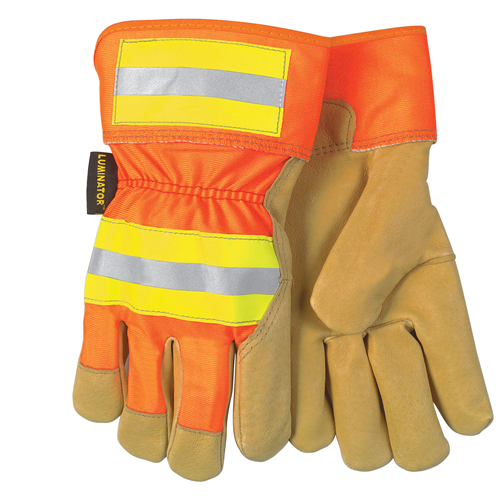 MCR Safety Reflective Pig Leather Palm gloves in orange with fluorescent stripes for visibility in low light conditions.