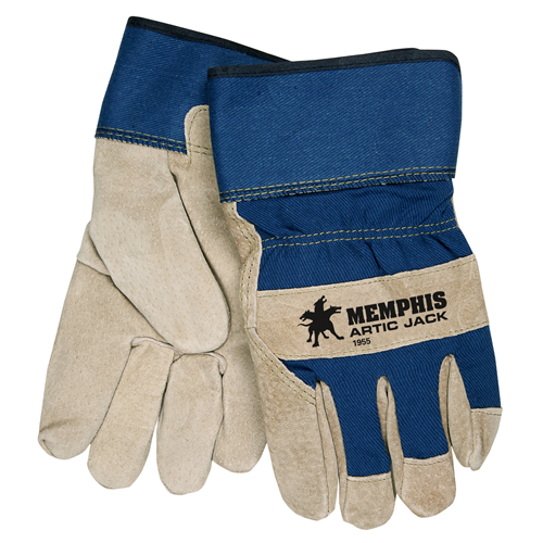 MCR Safety Premium Lined Split Pig gloves with a blue fabric back and rubberized safety cuff for optimal protection and comfort.