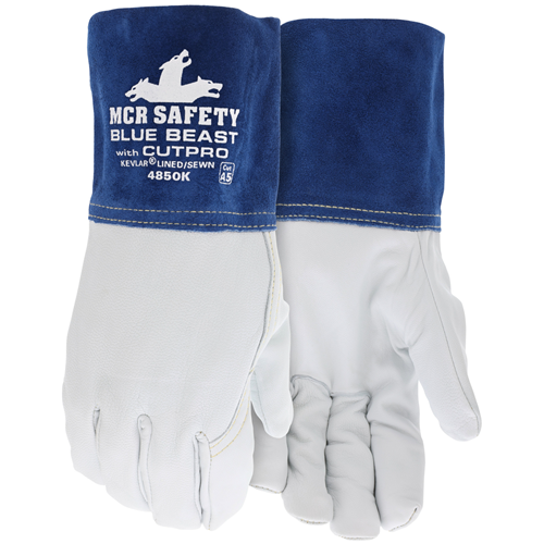 MCR Safety 4850K Blue Beast Kevlar Lined MIG/TIG gloves with cut protection and premium leather design.