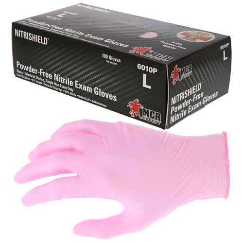 MCR Safety Pink 4 Mil Powder-Free Nitrile Exam Gloves, 100 Count Box, Size Large, latex-free and puncture resistant.