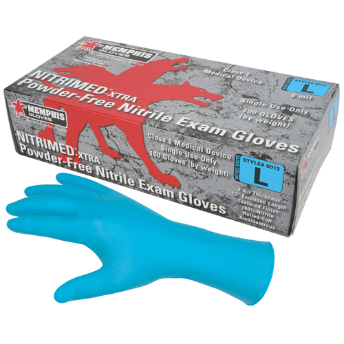 MCR Safety Xtra Long powder-free nitrile exam gloves in blue packaging, offering superior puncture resistance and latex-free protection.