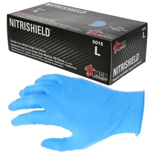 MCR Safety 4 Mil Powder Free Nitrile gloves in blue, showcasing protection and comfort for industrial and food use.