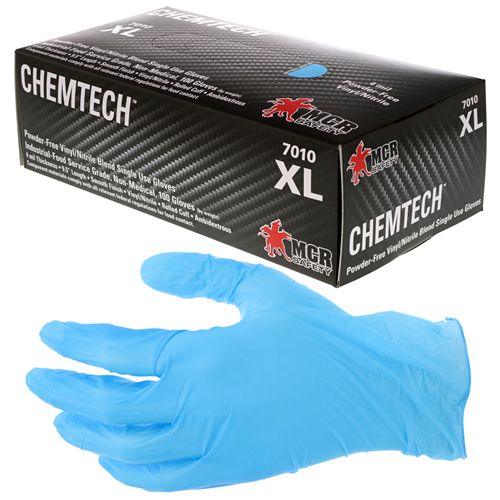 MCR Safety ChemTech 7010 XL disposable vinyl/nitrile gloves in blue with packaging for effective protection and performance.