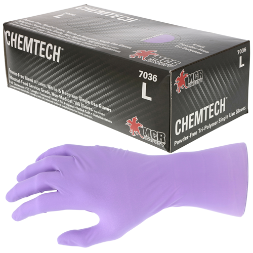 MCR Safety ChemTech 7036 disposable gloves in lavender color, showcasing tri-polymer blend for enhanced protection.