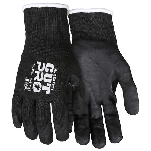 MCR Safety 15g Cut Pro gloves featuring black HPPE steel shell and nitrile coating, offering ANSI cut A9 protection.