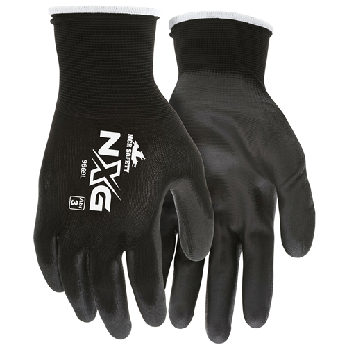 MCR Safety NXG black nylon gloves with PU coating, 13-gauge, durable and eco-friendly for multi-industrial use.