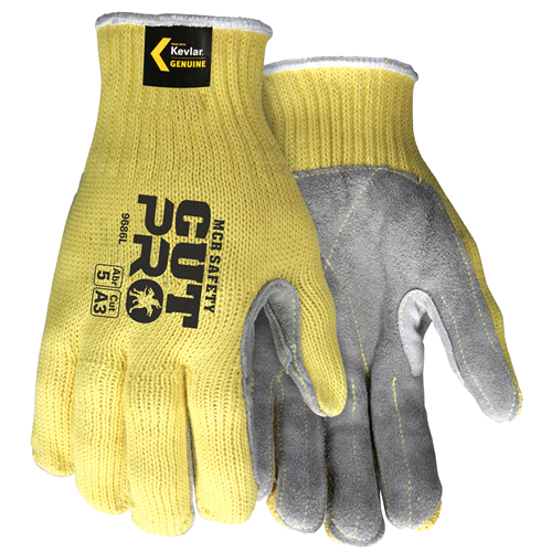 MCR Safety Grip Sharp Kevlar leather gloves with cut resistance and durability, featuring a 7 Gauge yellow Kevlar shell.