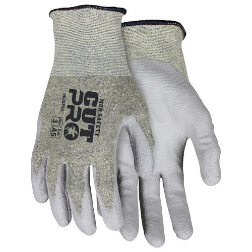 MCR Safety Cut Pro gloves with aramid liner and PU coated palm for cut protection and enhanced grip.