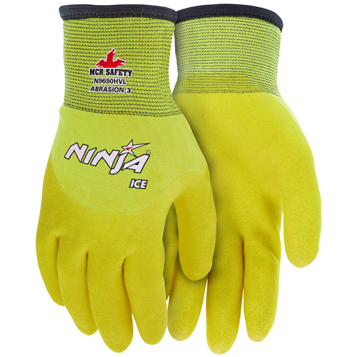 MCR Safety Ninja Ice Hi Viz gloves featuring 7G inside and 15G outside for optimal hand protection and dexterity.