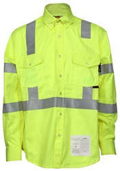 MCR Safety FR Hi-Vis Class 3 long sleeve work shirt in bright yellow with reflective stripes for safety and visibility.
