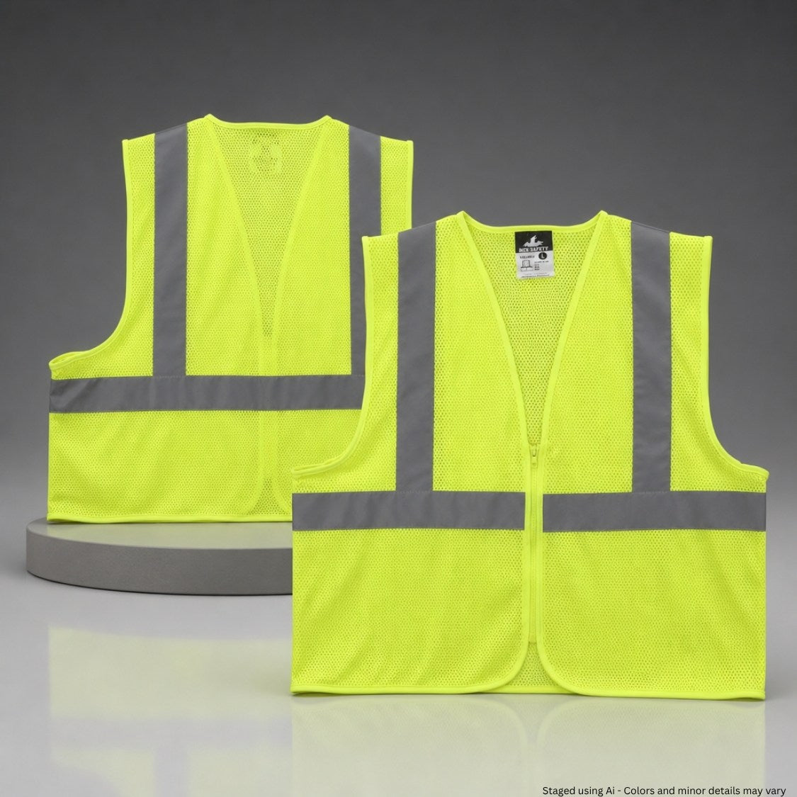Two yellow safety vests with reflective stripes on a gray background