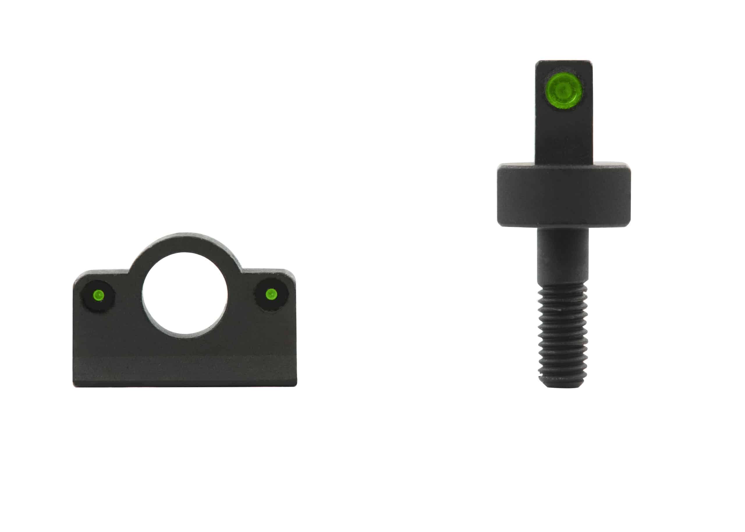 Meprolight Tru-Dot night sights showing front and rear sights with bright green illumination for low-light target acquisition.