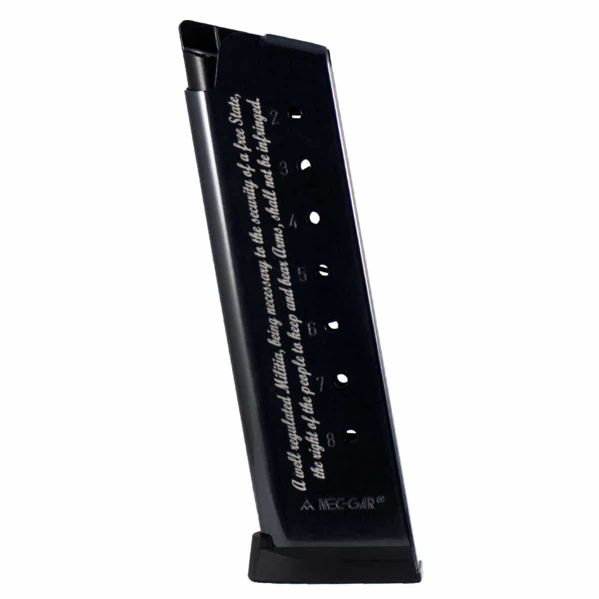 Mec-Gar 1911 magazine, blued finish, 7-round capacity, designed for .45 ACP pistols, made in Italy, high-quality materials.