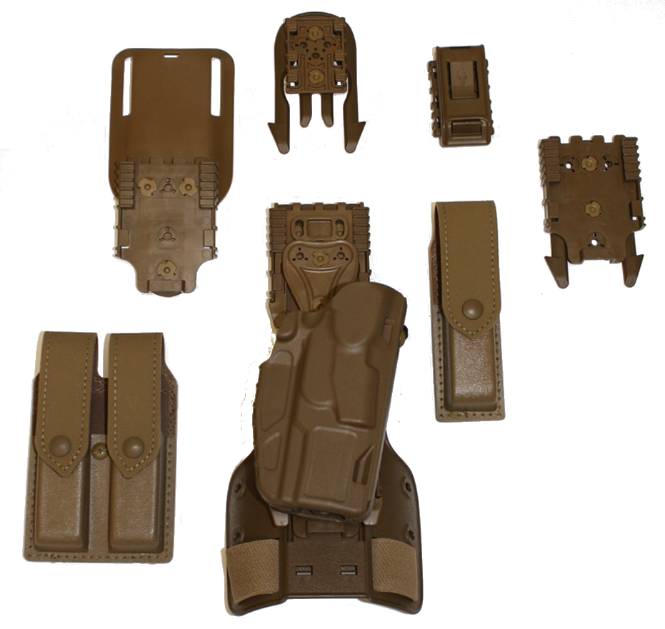 Safariland Air Force Modular Handgun Kit components in Coyote Brown, featuring holsters and attachments for right-hand use.