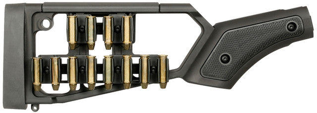 Black rifle stock with gold ammunition on a white background