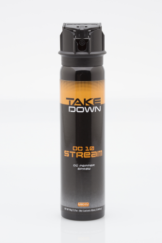 MACE TakeDown MK-IV self-defense spray with OC 5.5% pepper, featuring a 3 oz stream for effective protection.
