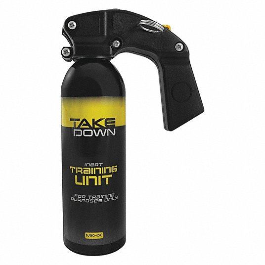 MACE Take Down Inert Pepper Spray Training Unit for safe training, featuring a stream pattern and 10 bursts up to 25 feet.