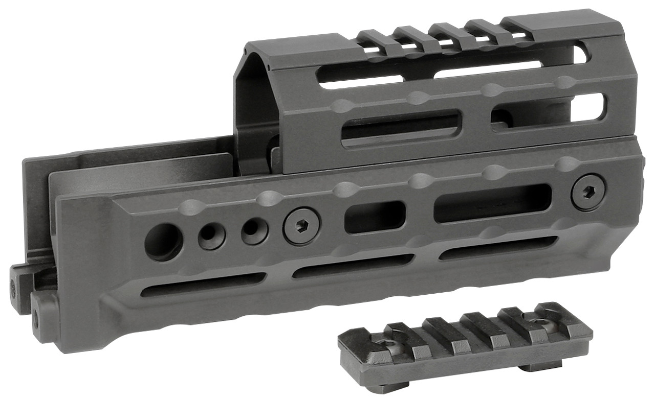 Midwest Industries AK Alpha Series M-LOK handguard in gray, showcasing lightweight design and removable Picatinny rail section.