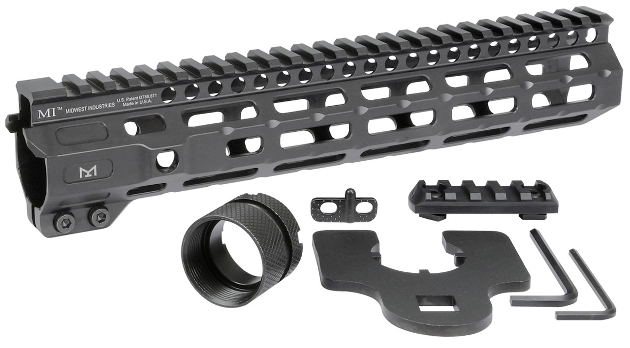 Midwest Industries Combat Rail M-LOK handguard with accessories, featuring M-LOK slots and MIL-STD 1913 Picatinny rail.