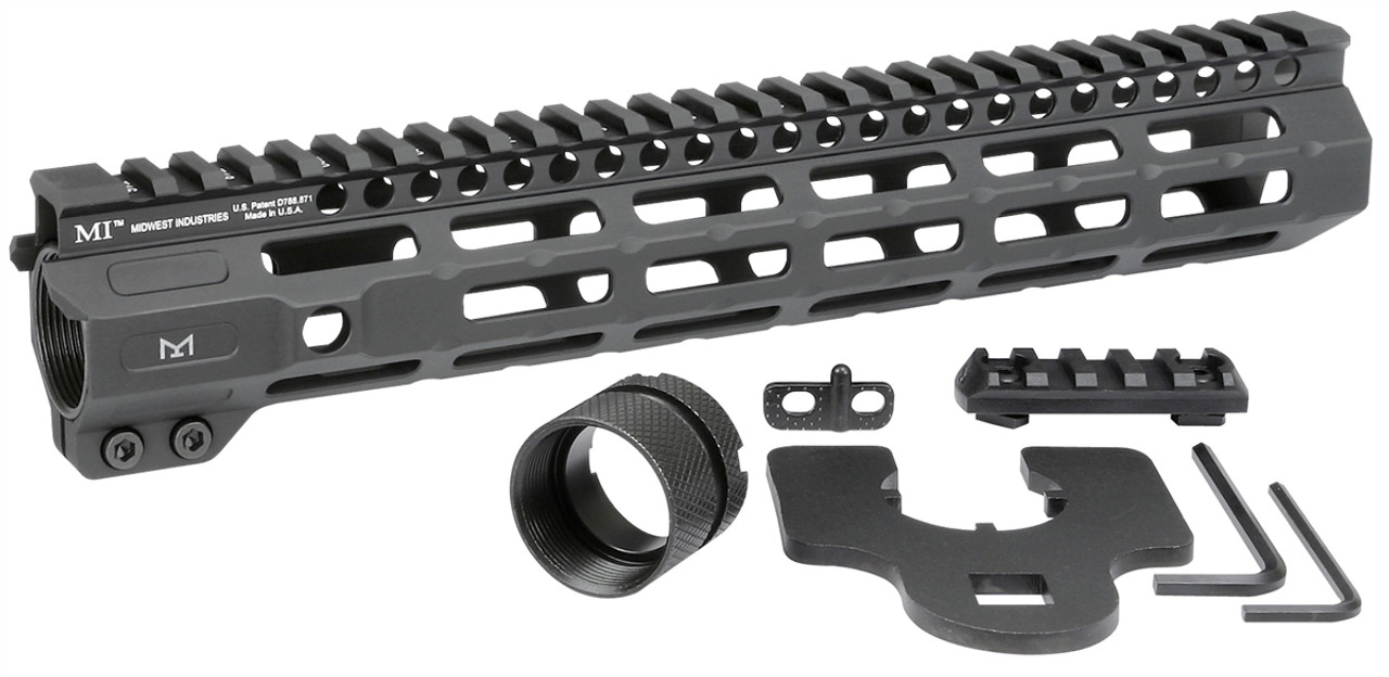 Midwest Industries Combat Rail Free Float Handguard, M-LOK with accessories including barrel nut and mount.