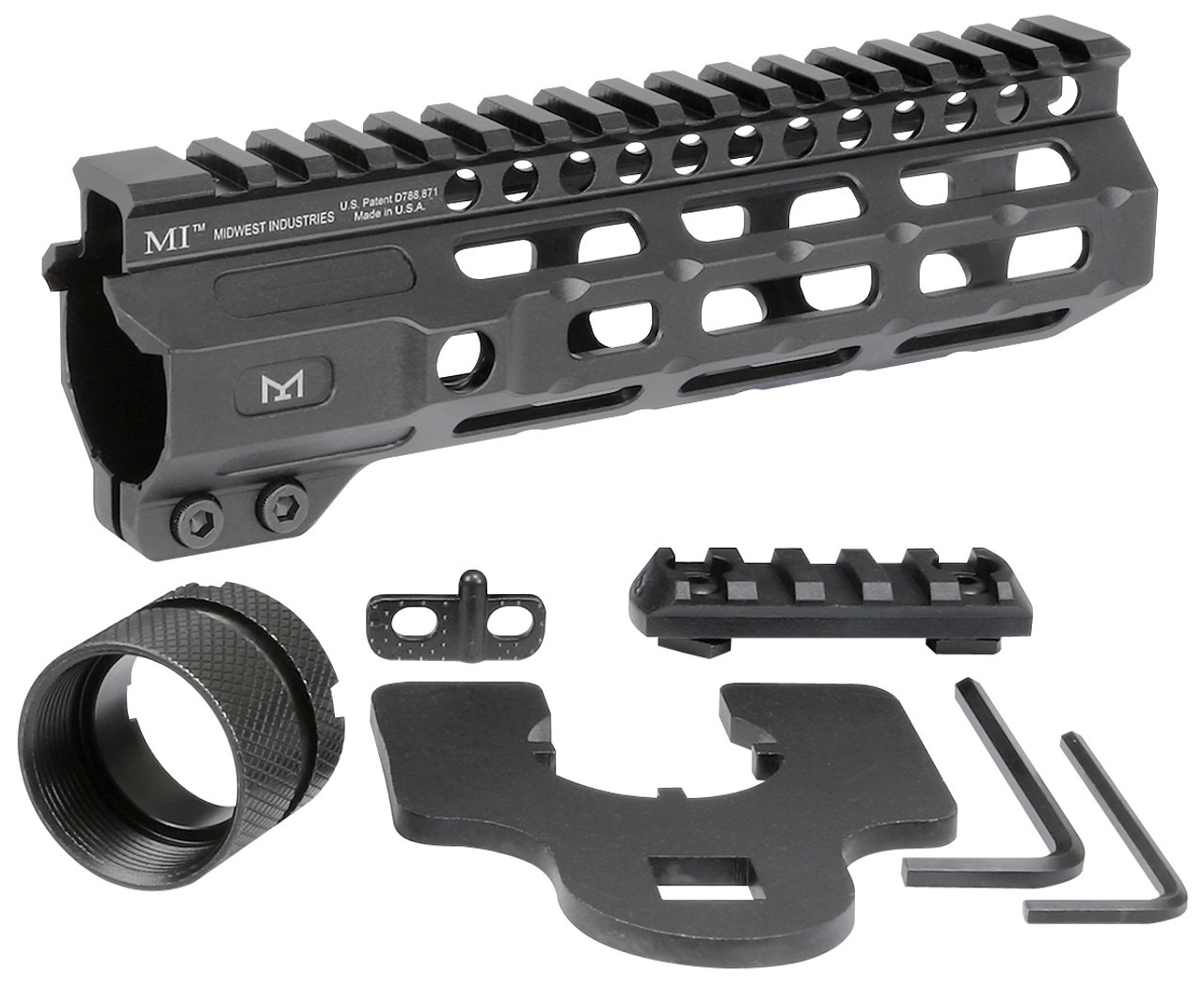 Midwest Industries Combat Rail One Piece Free Float Handguard M-LOK with accessories including rail and barrel nut.