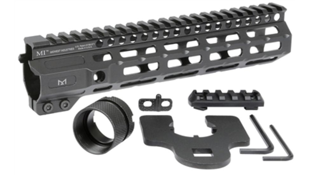 Midwest Industries Combat Rail One Piece Free Float Handguard with M-LOK and accessories in black.