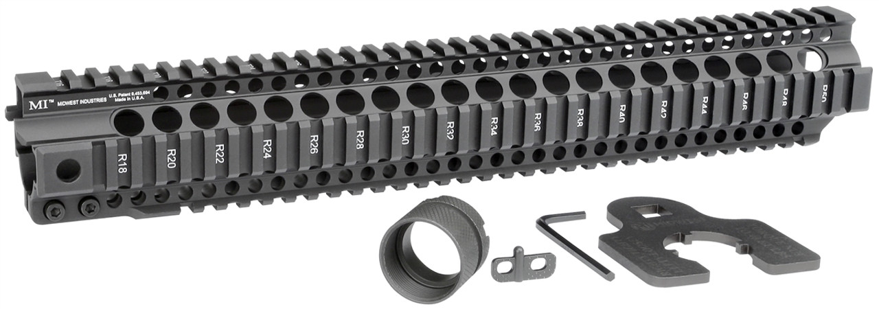 Midwest Industries Combat Rail T-Series Free Float Handguard with accessories, showcasing durable 6061 aluminum and MIL-STD 1913 rails.
