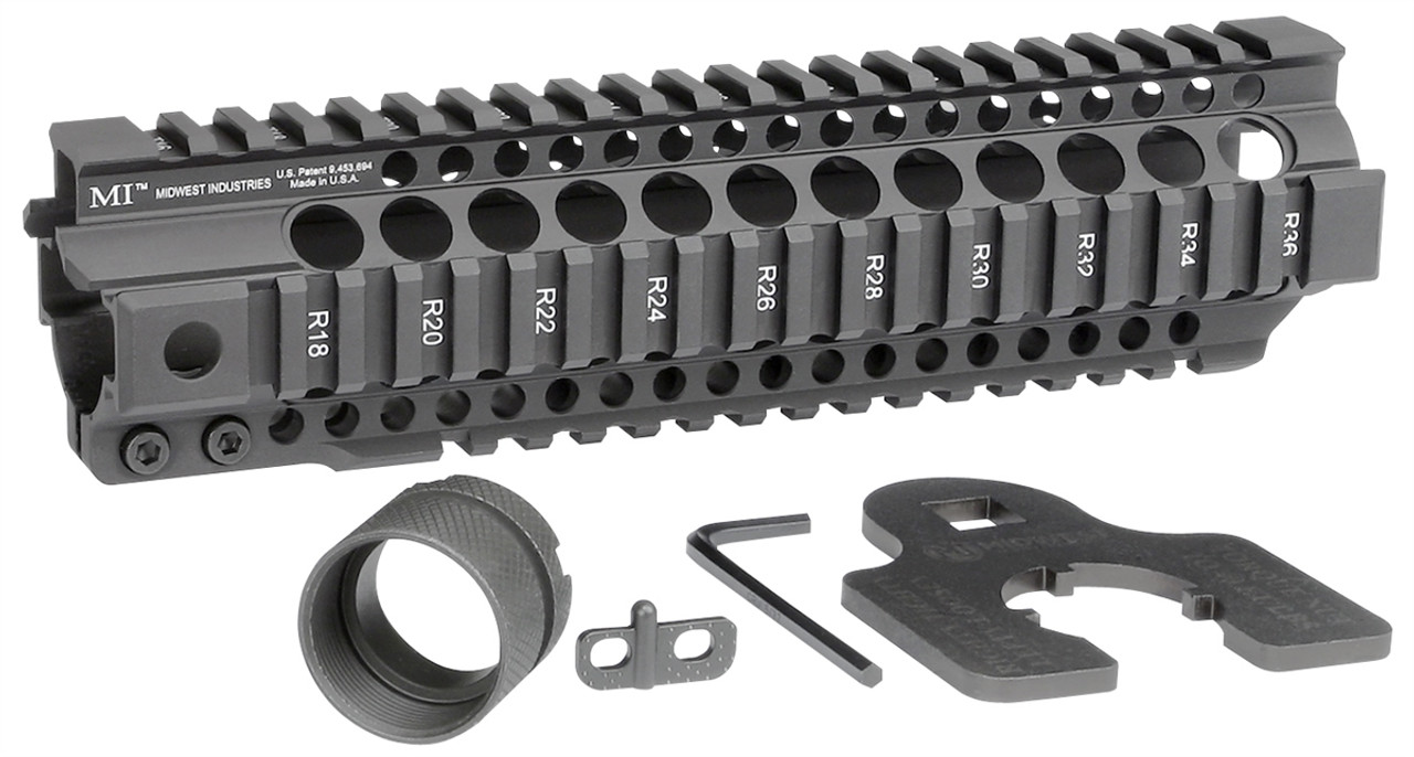 Midwest Industries Combat Rail T-Series Free Float Handguard with accessories, featuring MIL-STD 1913 rails and heat-treated barrel nut.