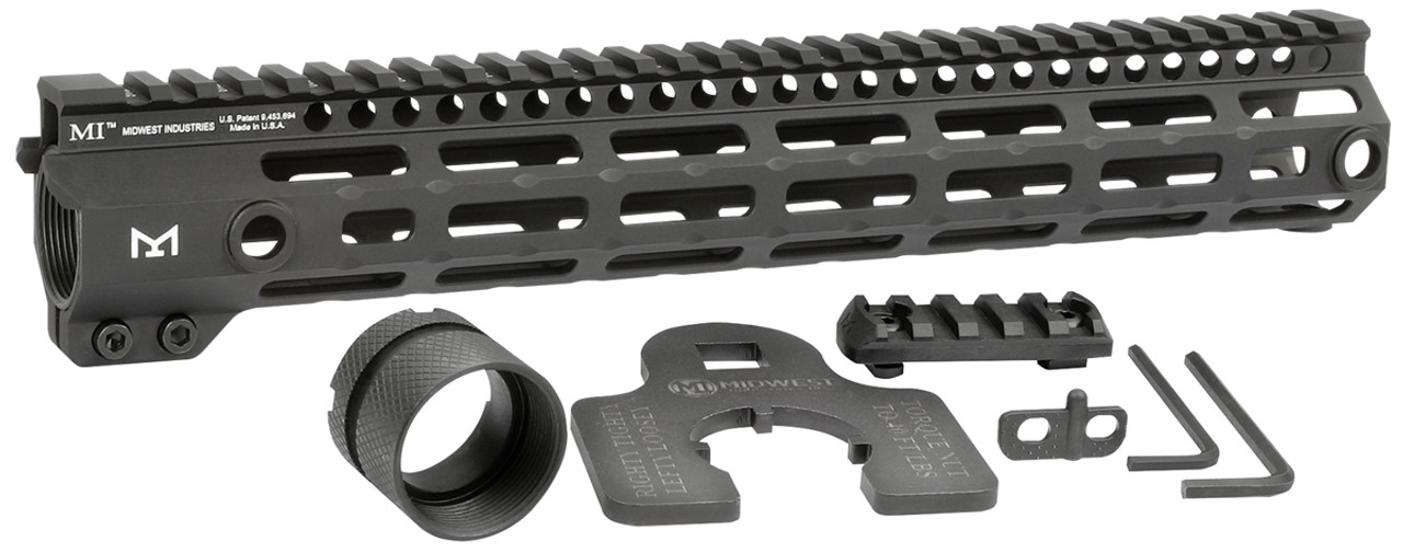 Midwest Industries G4 M-LOK Free Float Handguard with accessories including barrel nut, wrench, and rail section.