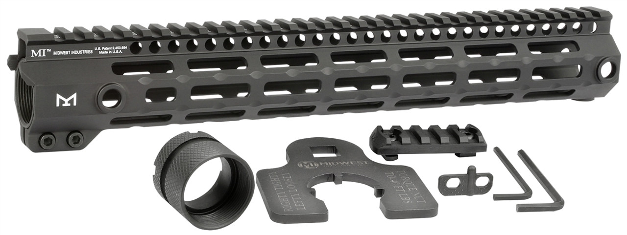 Midwest Industries G4 One Piece Free Float Handguard with M-LOK accessories and hardware, featuring 6061 aluminum and M-LOK slots.