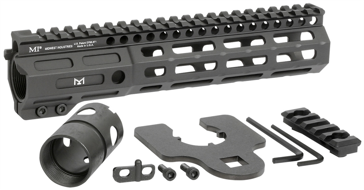 Midwest Industries Night Flight M-LOK Handguard set with accessories, showing sleek black design and M-LOK attachments.
