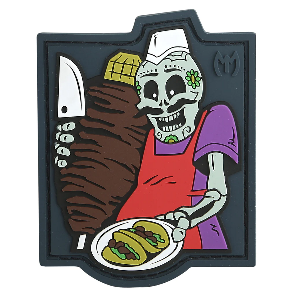 Maxpedition El Taquero patch featuring a colorful skeleton chef serving tacos, perfect for personalizing gear.