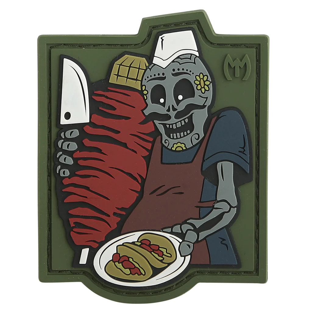 Maxpedition El Taquero morale patch featuring a skeleton chef serving tacos with vibrant colors and unique design.