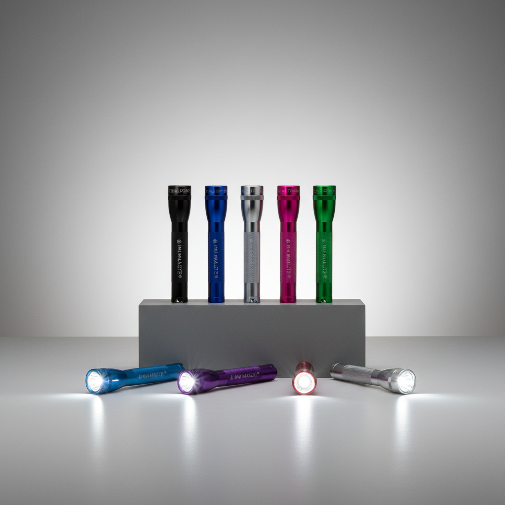 Set of colorful flashlights on a gray stand with a gray background