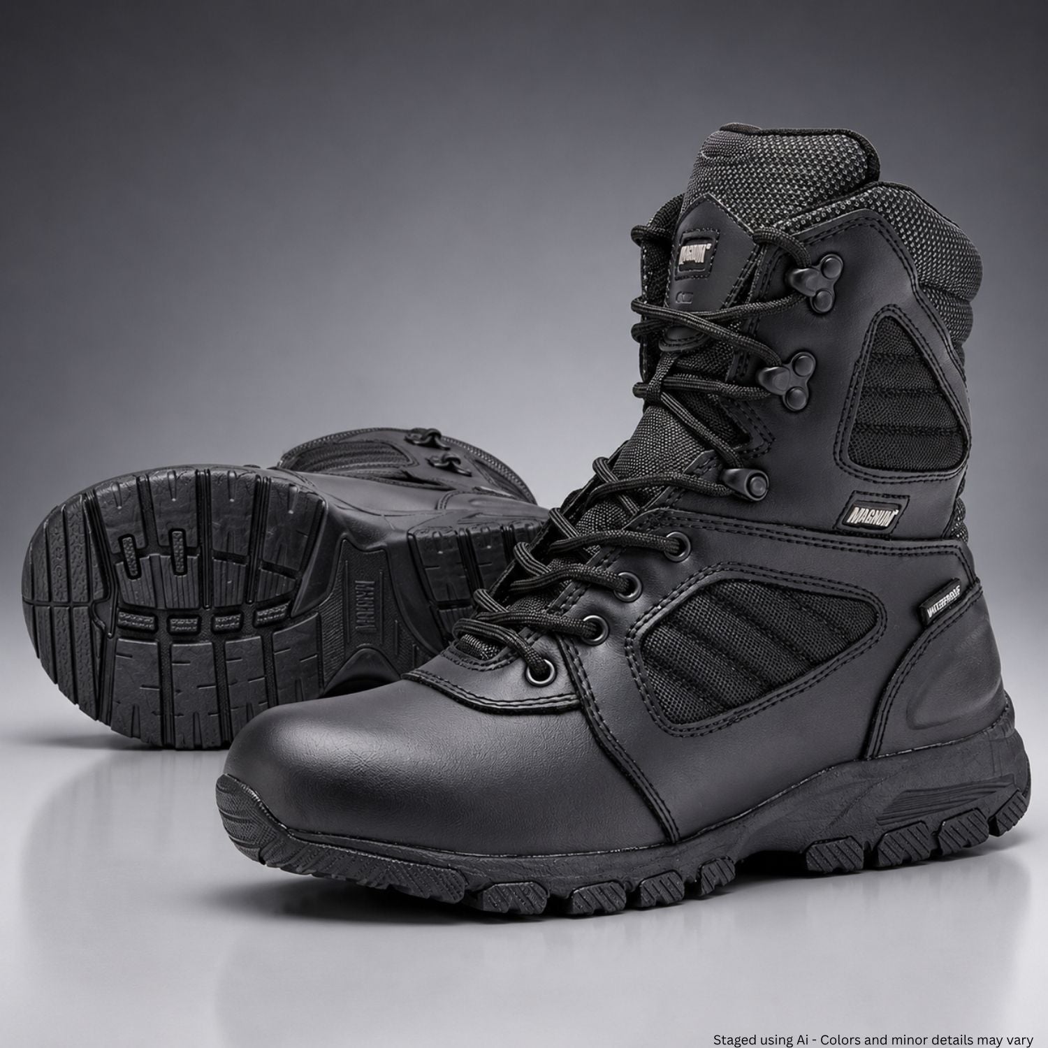 Black tactical boots on a gray background