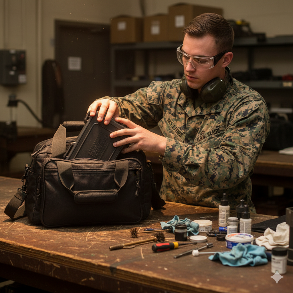 Person in military uniform opening a duffel bag on a workbench with tools and supplies.