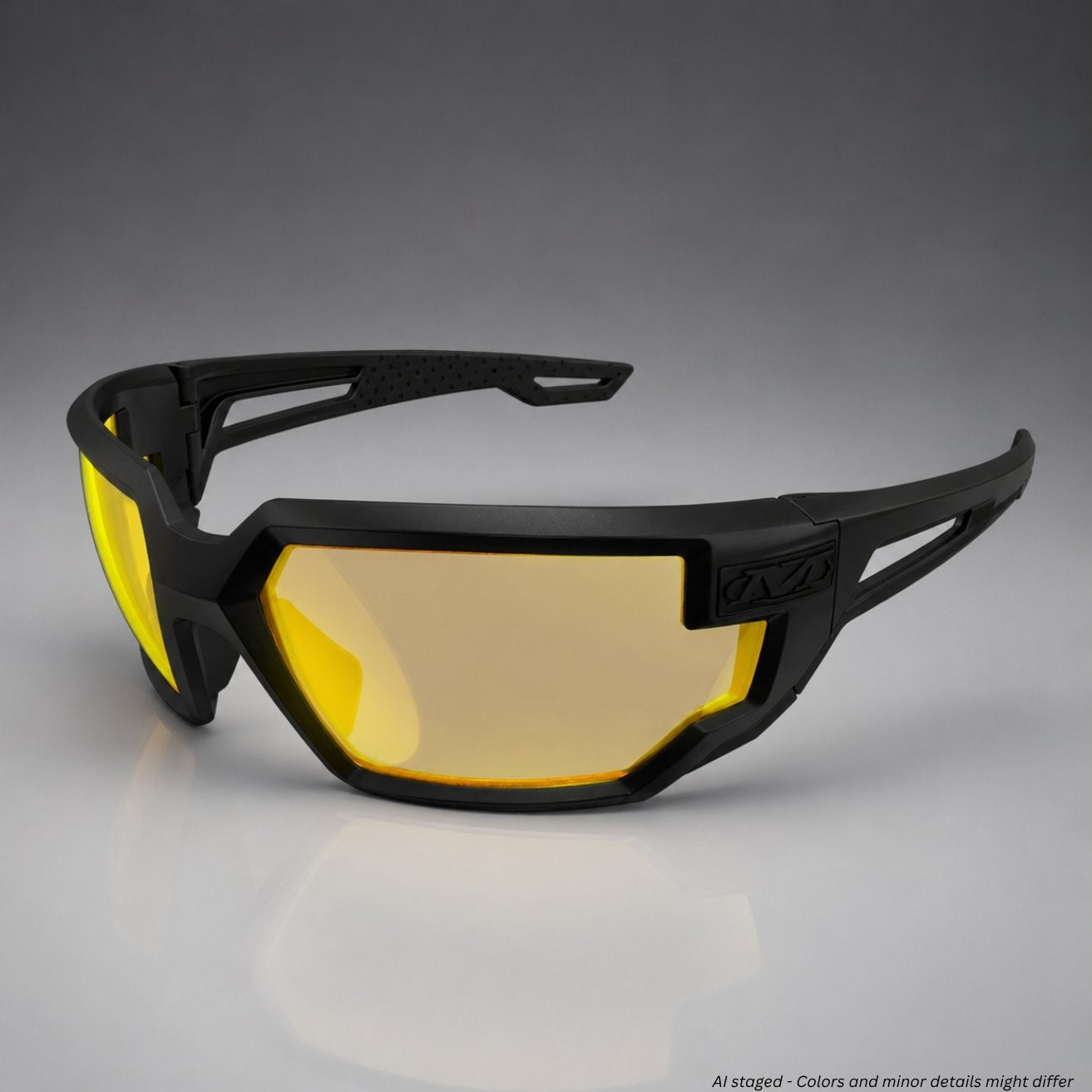 Black sunglasses with yellow lenses on a gray background