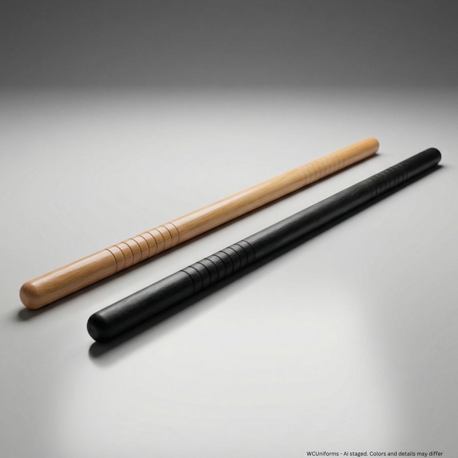 Two batons, one wooden and one black, on a gray background