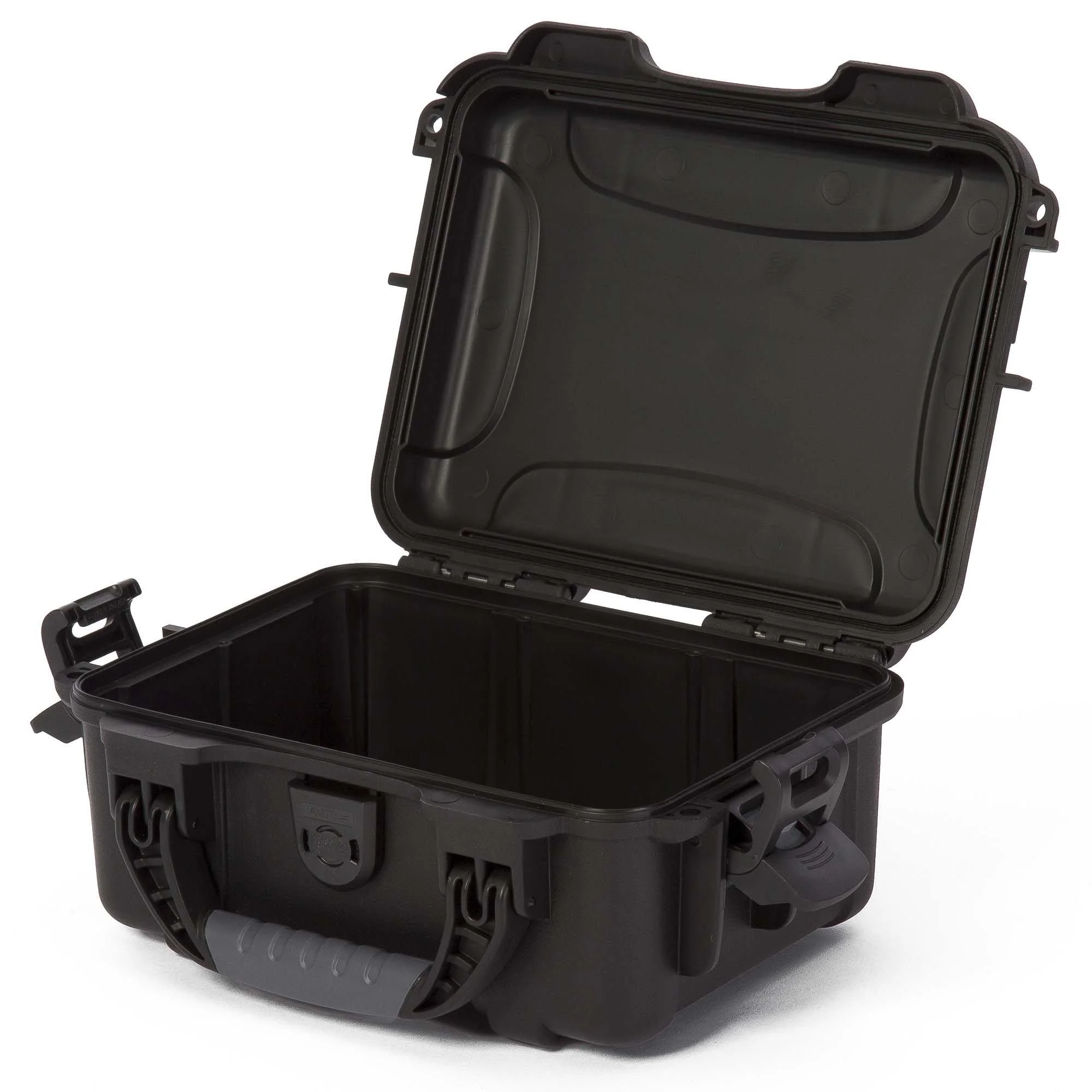 Open Nanuk 904 waterproof hard case in black, featuring a tough resin shell and sturdy latching system.