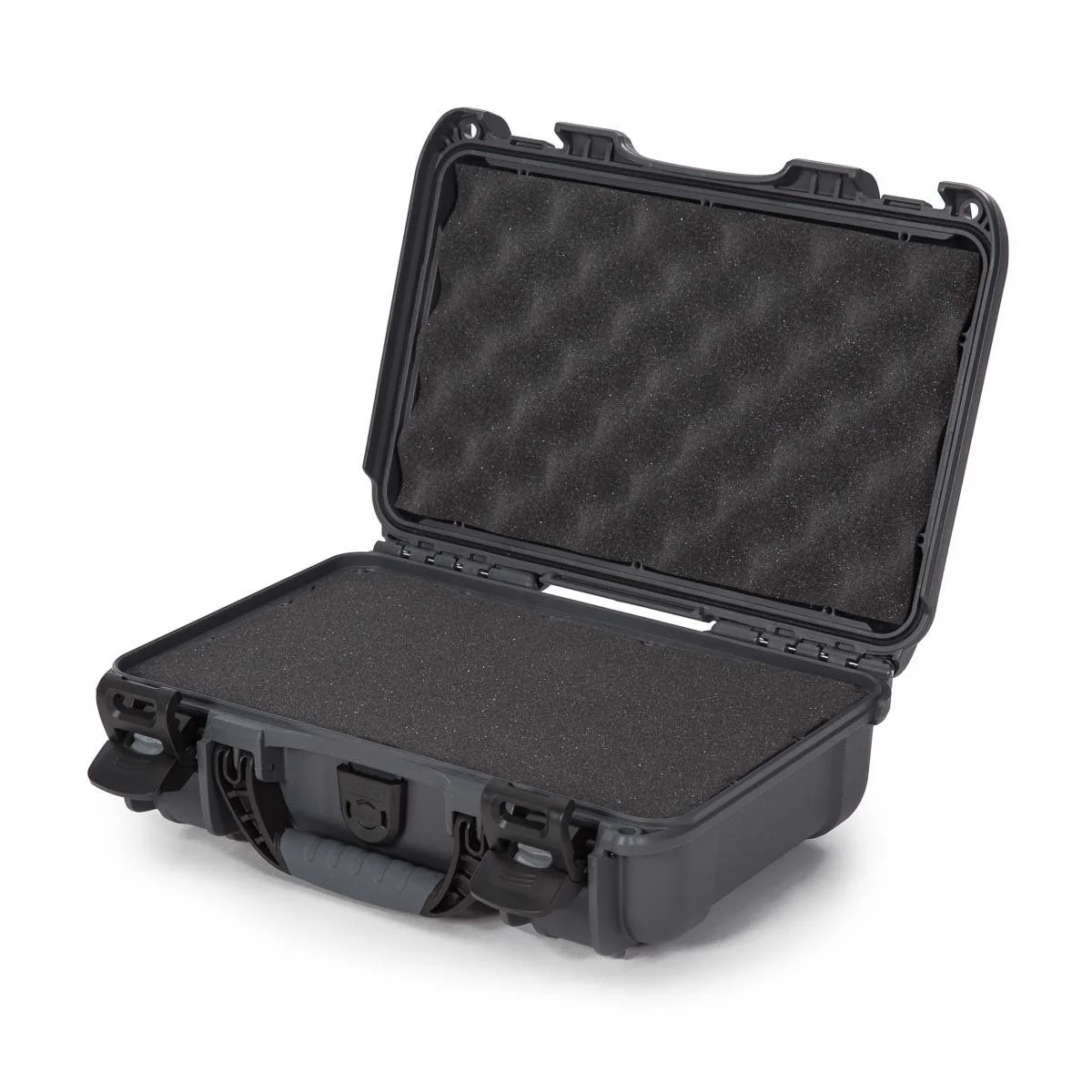 Nanuk 909 waterproof hard case in graphite color with foam interior, designed for protection and durability in tough conditions.