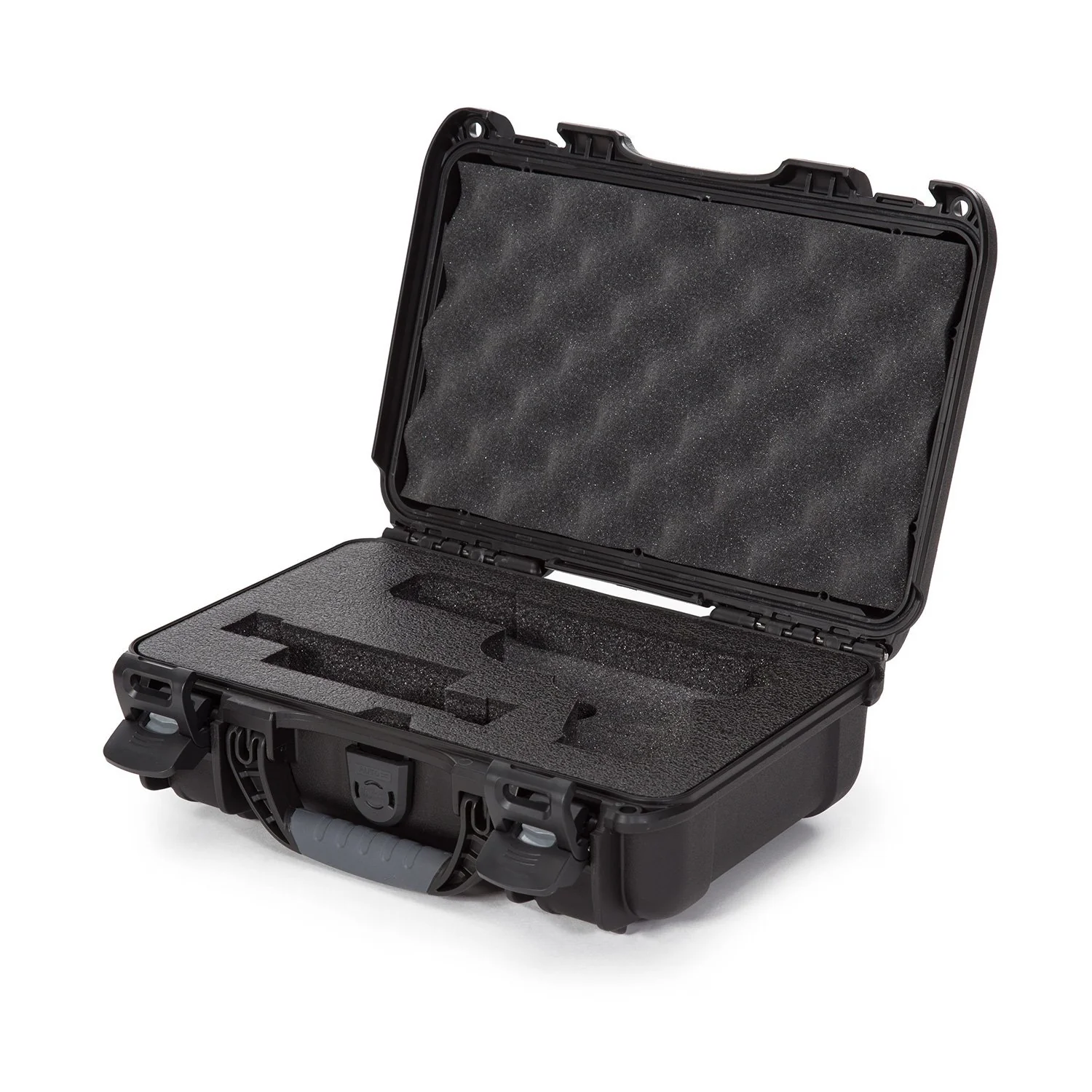 Nanuk 909 hard case open, featuring protective foam insert for Glock pistol storage and rugged exterior construction.