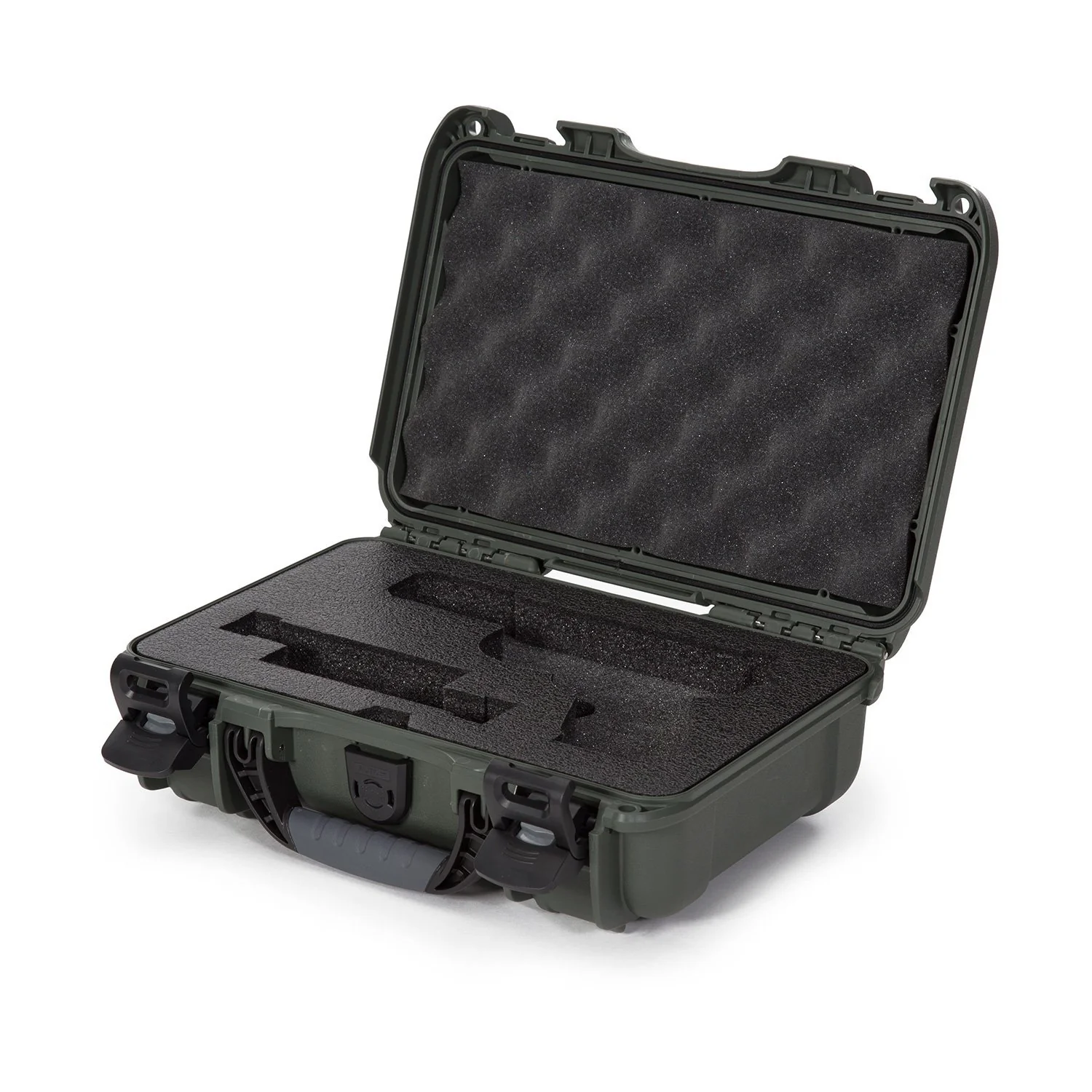 Open Nanuk 909 hard case in olive green, featuring protective foam interior for secure handgun storage.