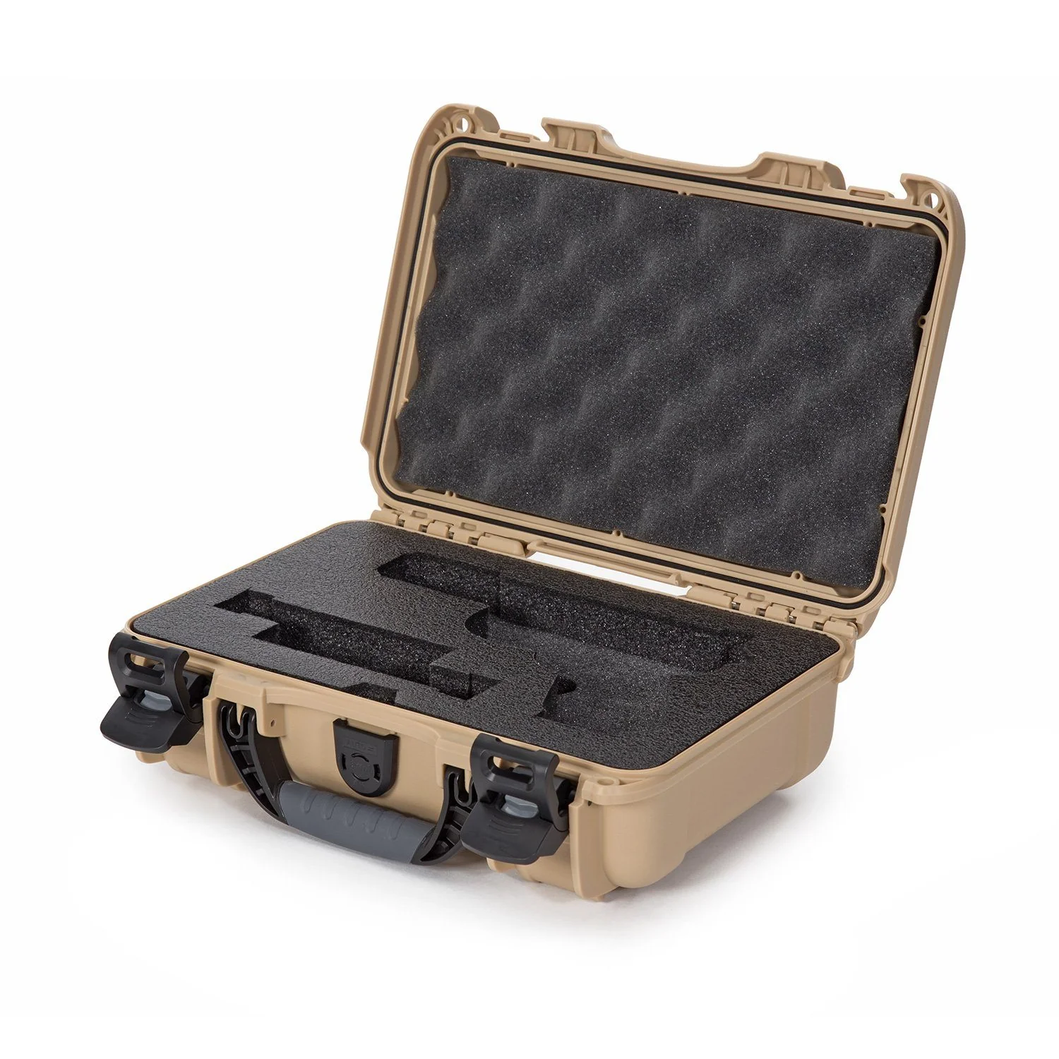 Nanuk 909 hard case for Glock in tan color, showcasing foam interior and secure latches for protection.