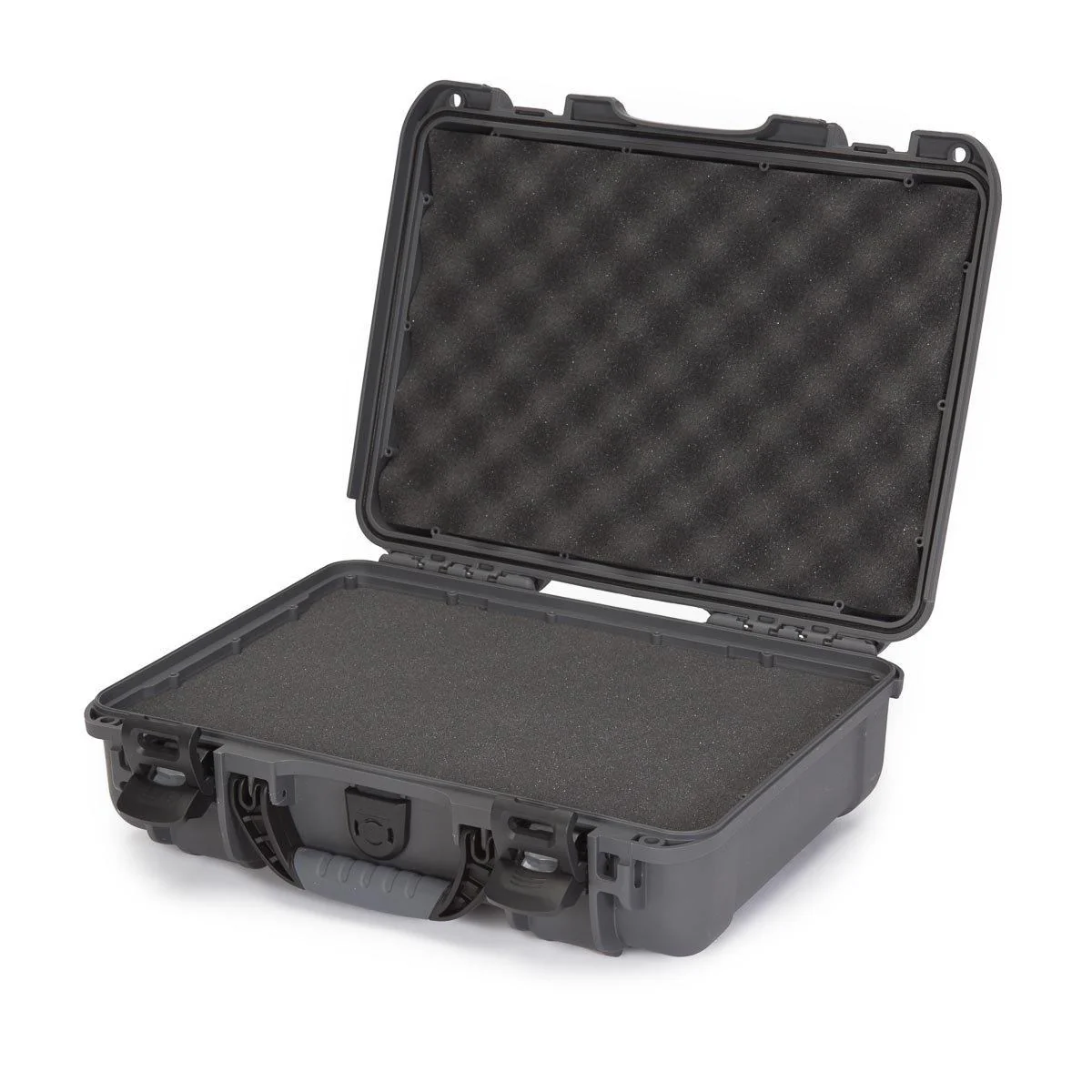 Open Nanuk 910 waterproof hard case in graphite, featuring foam interior for organization and protection.