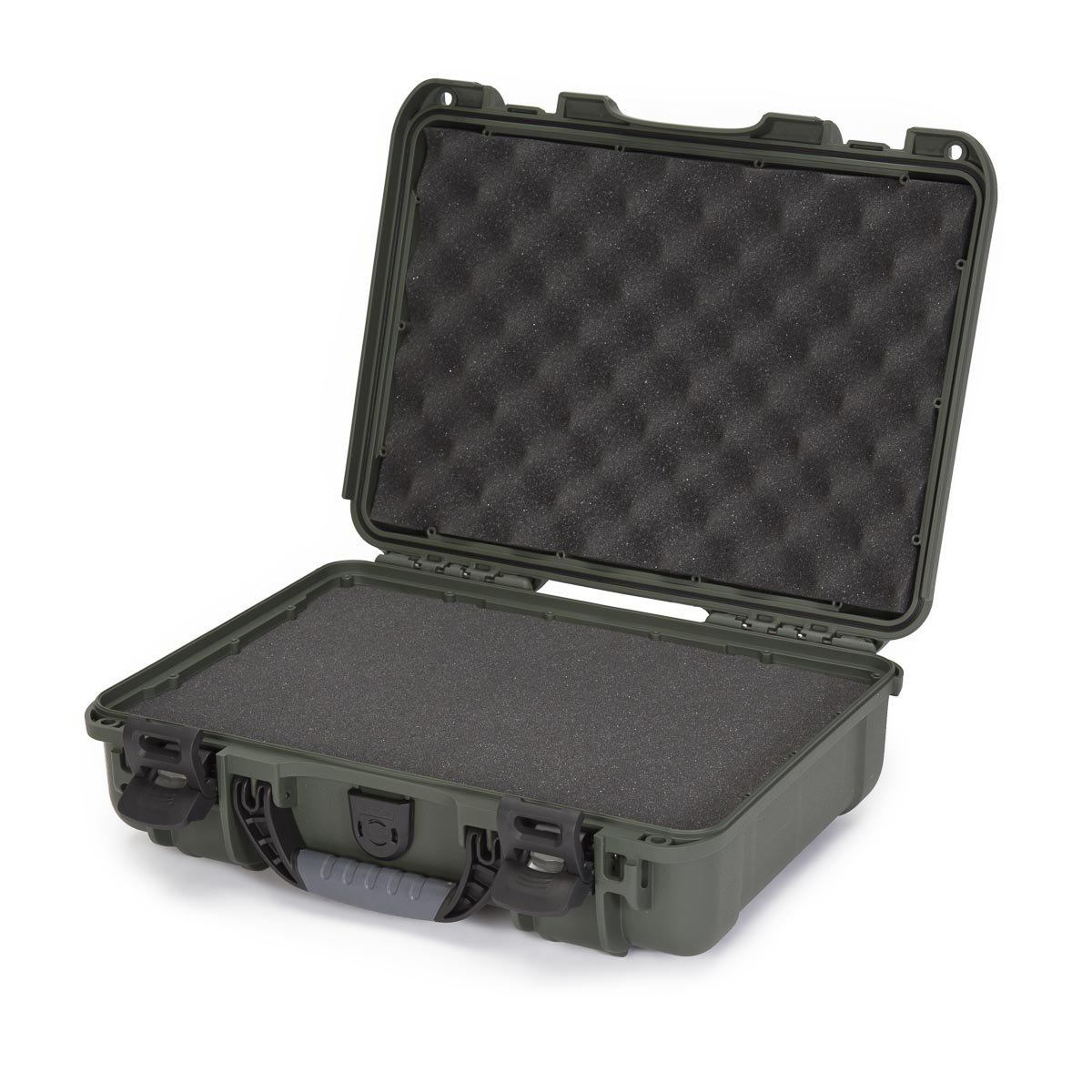 Open Nanuk 910 case in olive color with foam interior, designed for protection and durability in tough conditions.