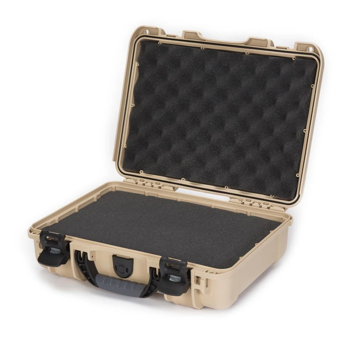 Nanuk 910 waterproof hard case in tan with foam interior, showcasing durable design and lightweight construction.