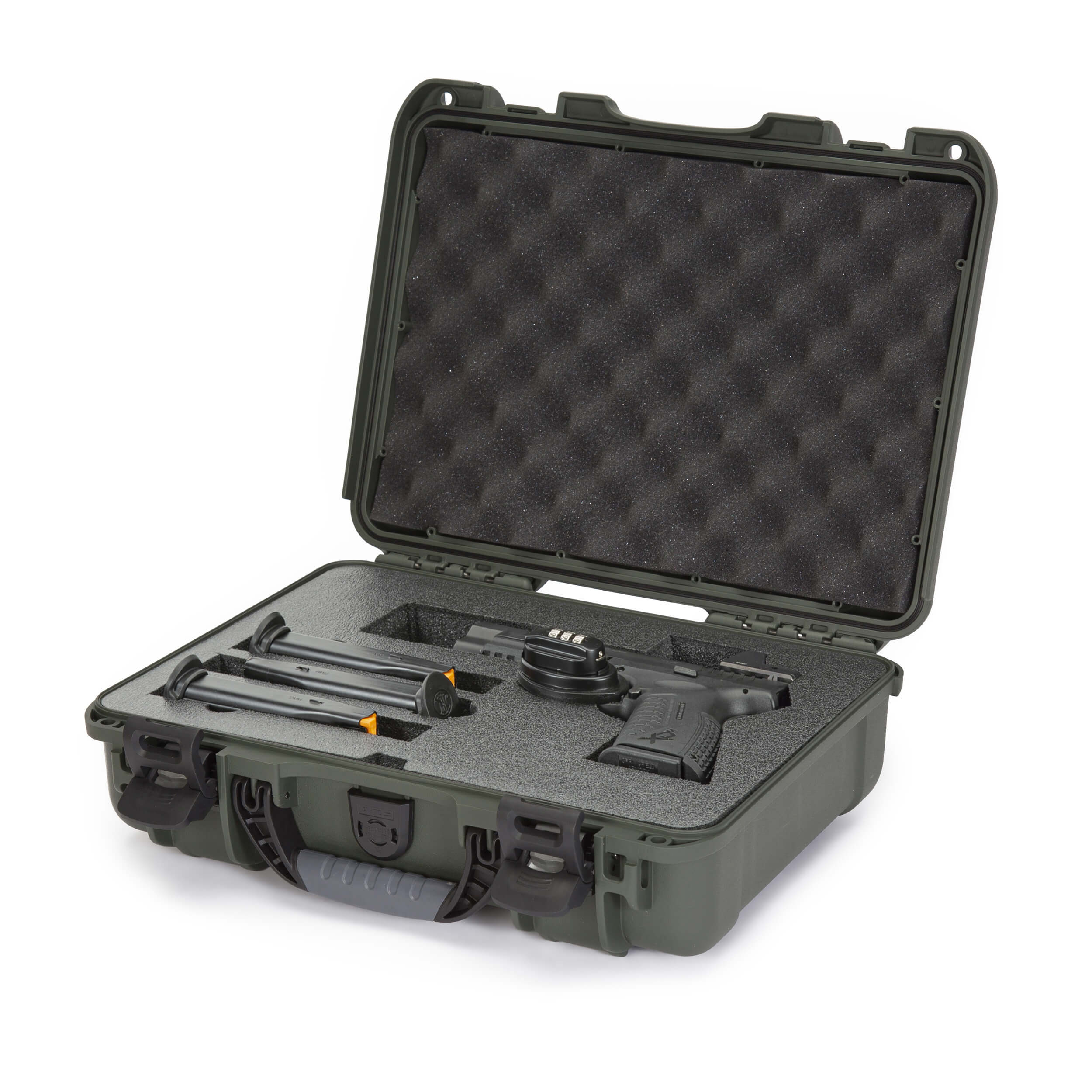 Nanuk 910 waterproof hard case in olive, featuring foam interior, designed for pistol optic storage and protection.